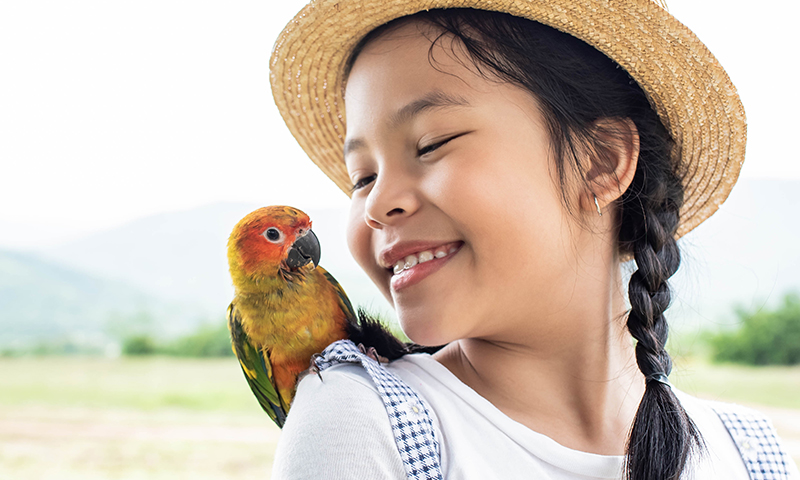 girl-smiling-at-pet-conure